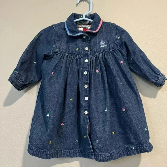Tommy Hilfiger Denim Floral Embroidered Dress Button Down Western 6-12 months - Picture 1 of 4